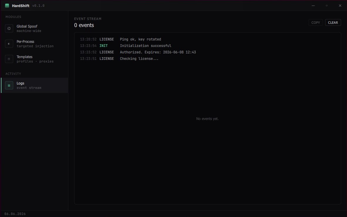 HardShift event stream — activity logs