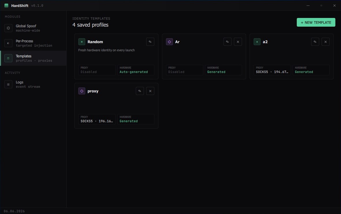 HardShift identity templates — saved profiles and proxies
