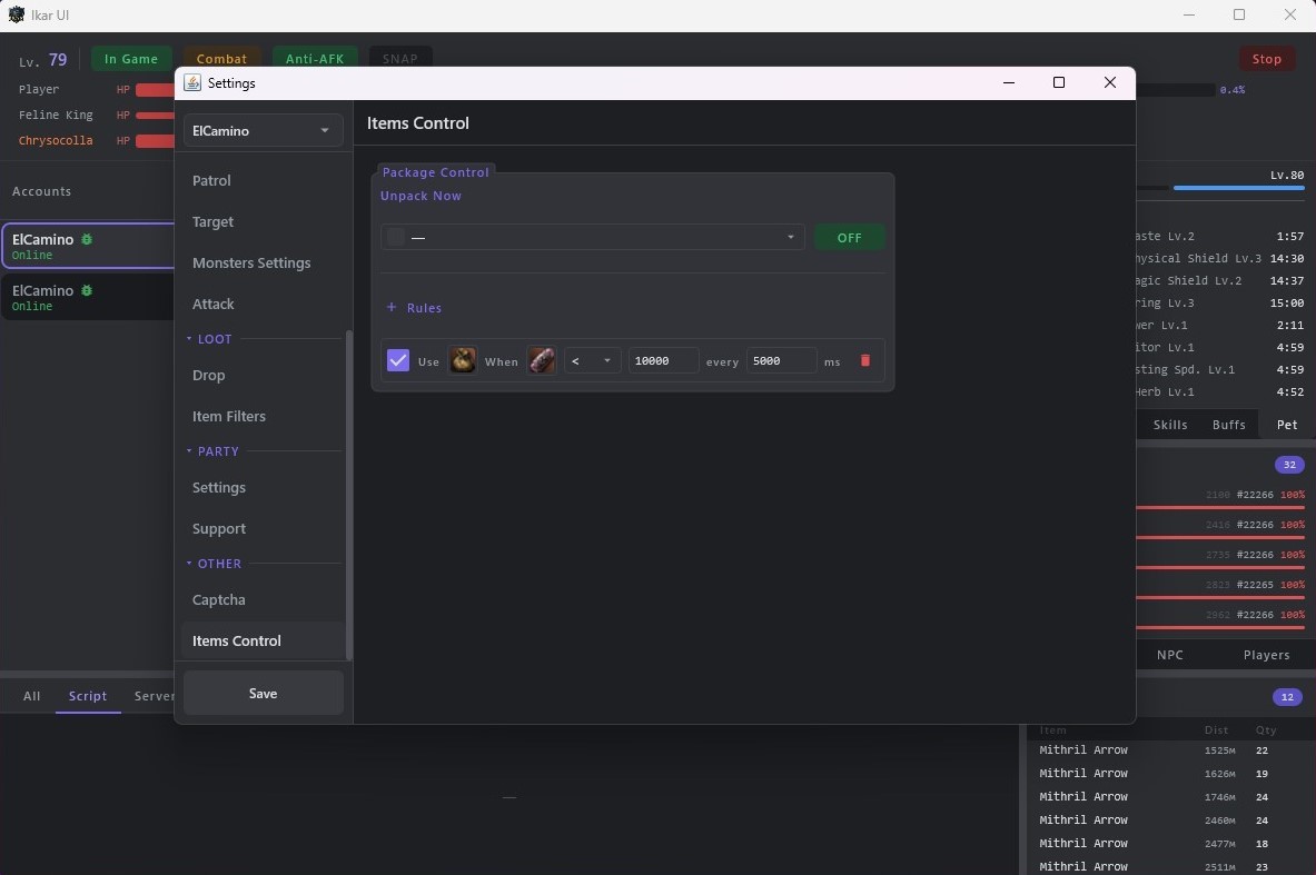 Loot & item rules — package control and item-use automation