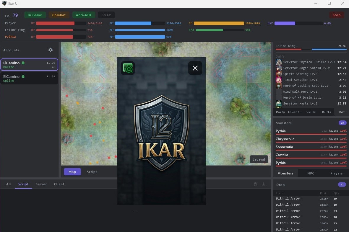 Ikar Bot live overview — full interface with map, buffs, monsters and drop