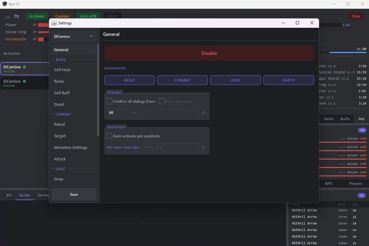 General settings — automation toggles for basic, combat, loot and party